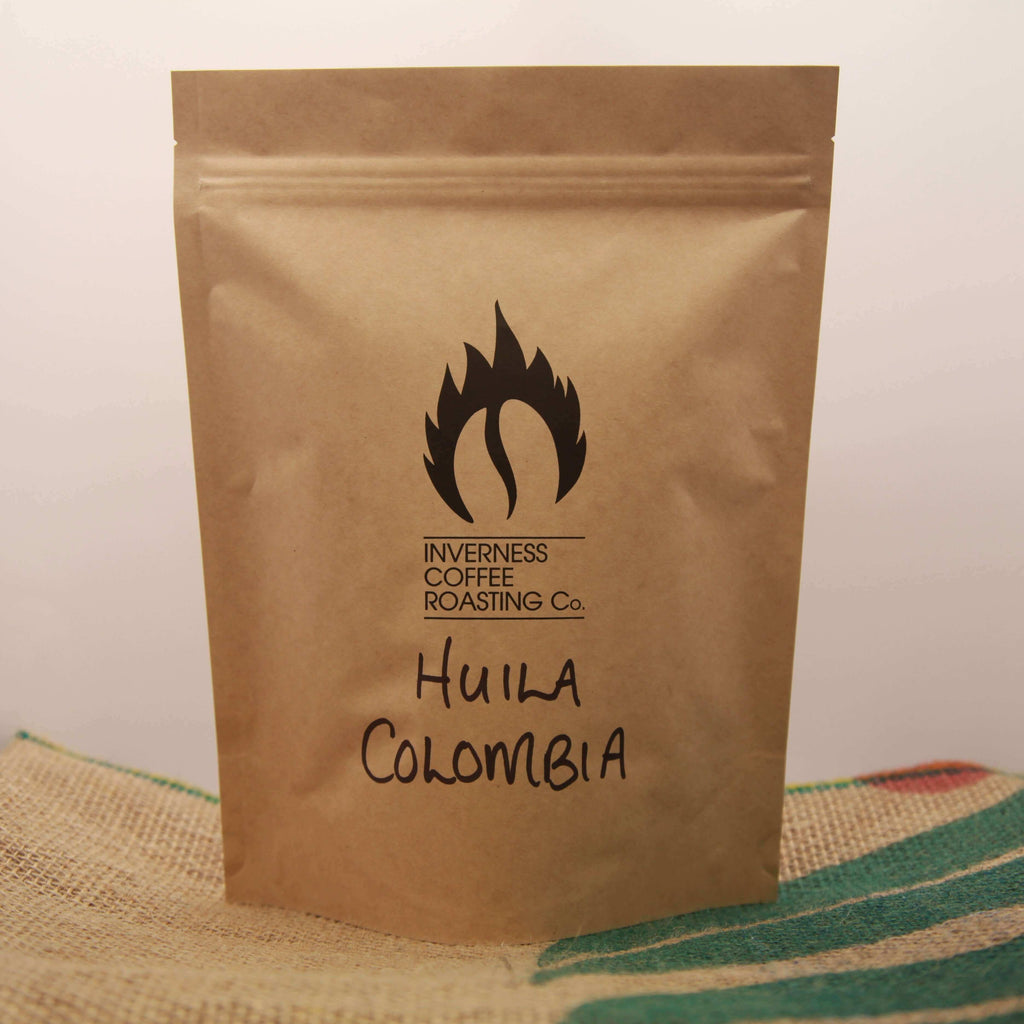 Packet of "Huila, Colombia" coffee made by Inverness Coffee Roasting Co. roaster