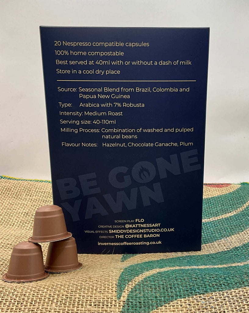 Packet of "BE GONE YAWN CAPSULES" coffee made by Inverness Coffee Roasting Co. roaster