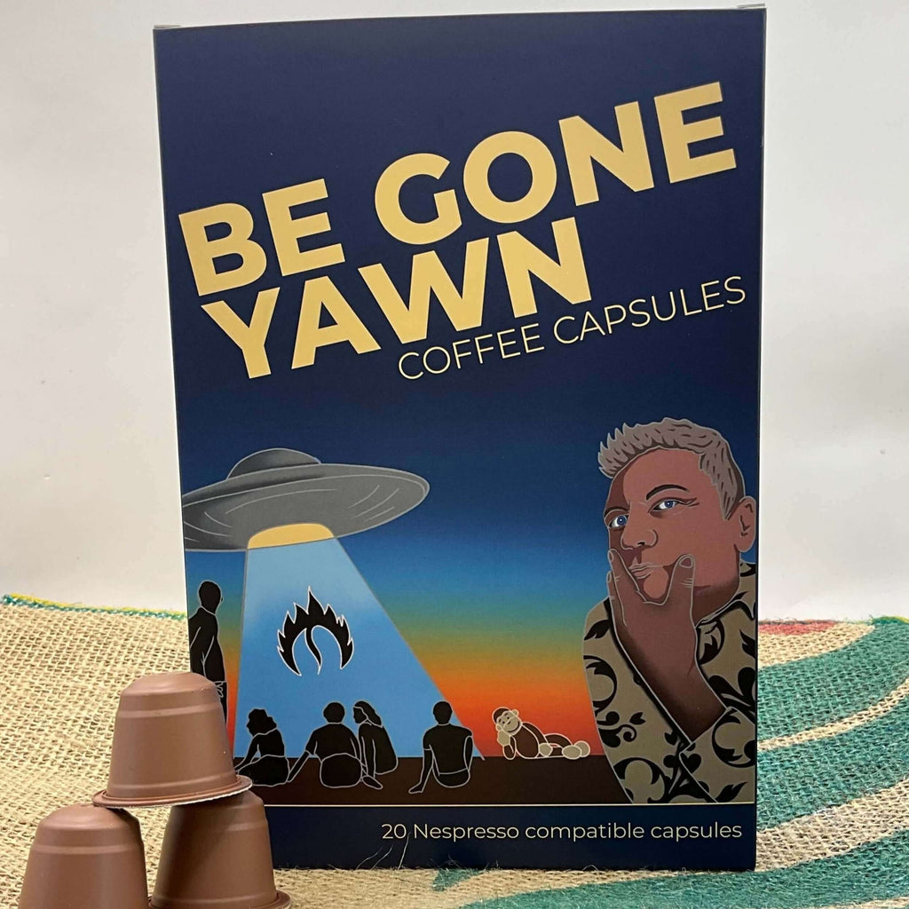 Packet of "BE GONE YAWN CAPSULES" coffee made by Inverness Coffee Roasting Co. roaster
